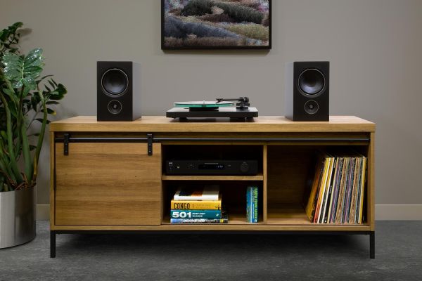 A minimalist entertainment setup with a wooden console holding bookshelf speakers, a record player, and a collection of books and vinyl records.