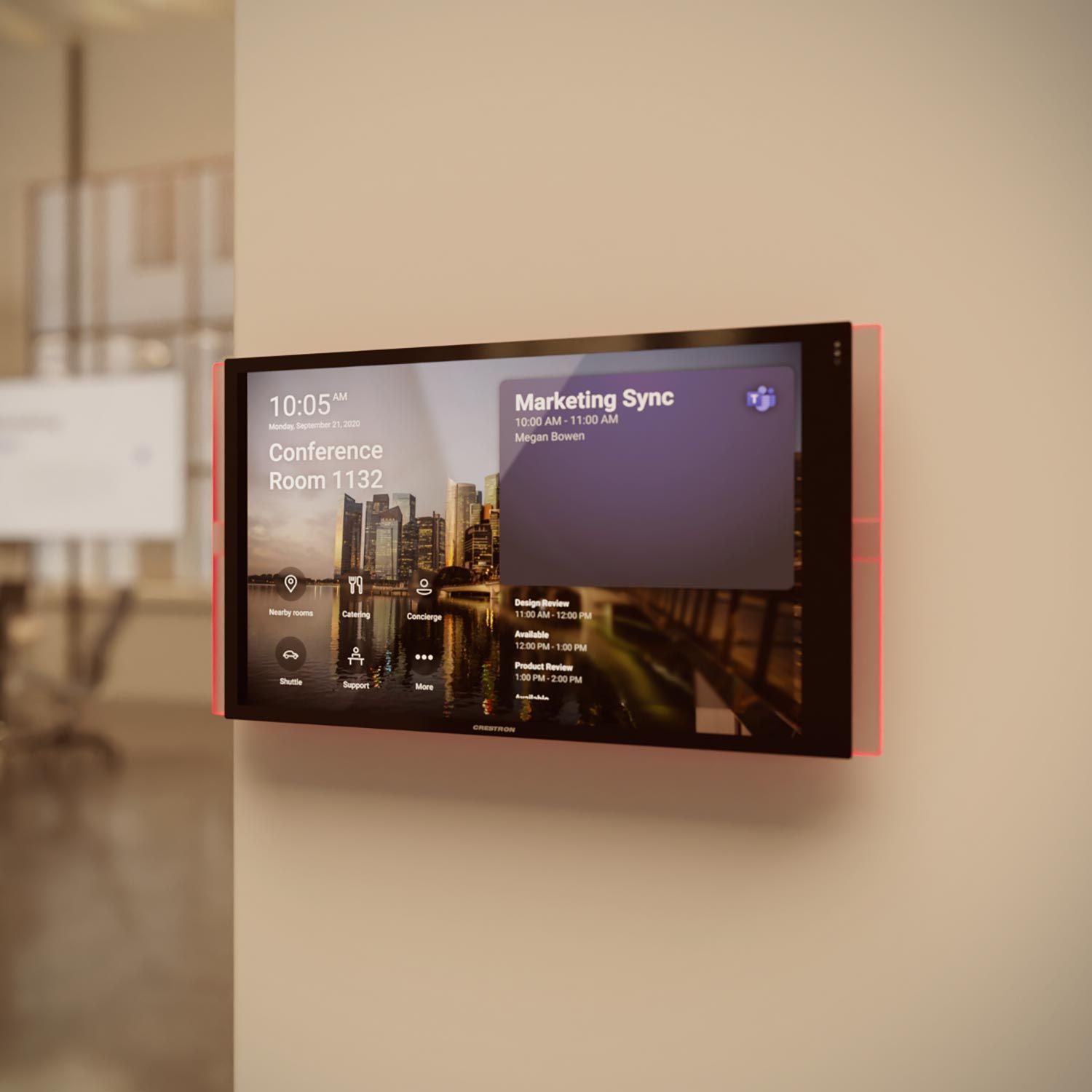 Crestron touchscreen being operated for lighting and room control in a modern office setting.